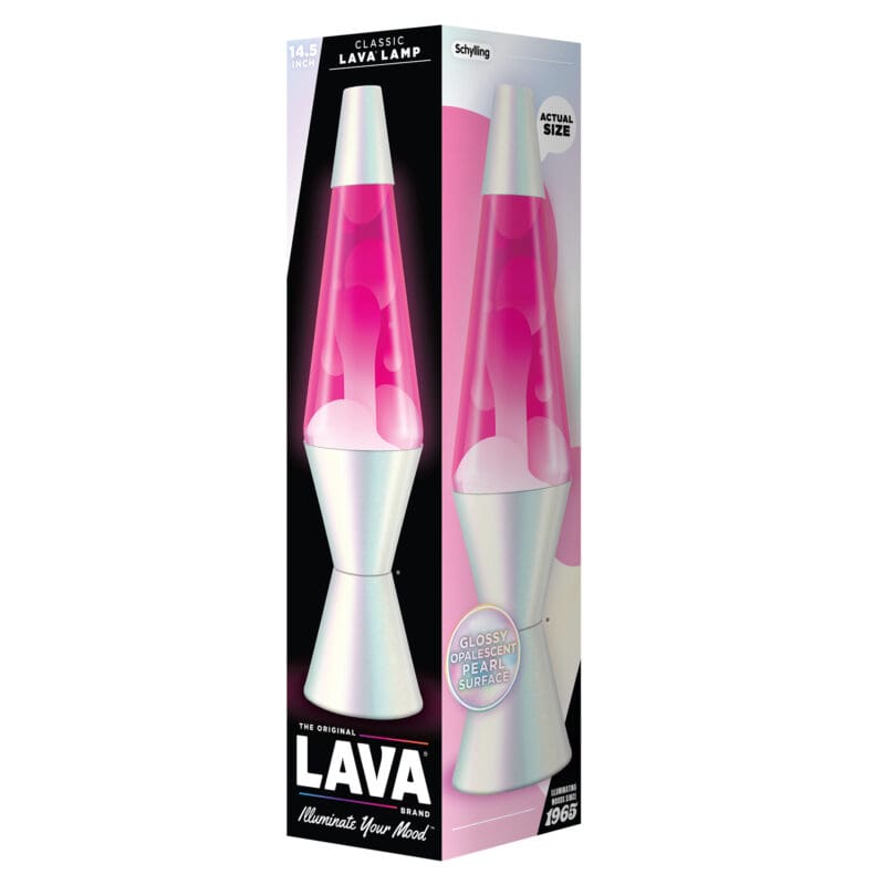 27180400US_Image2 A box displaying a classic 14.5-inch Lava Lamp, featuring a opalescent pearl base and cap with pink liquid and white wax. Text on the box highlights its glossy iridescent pearl surface and actual size.